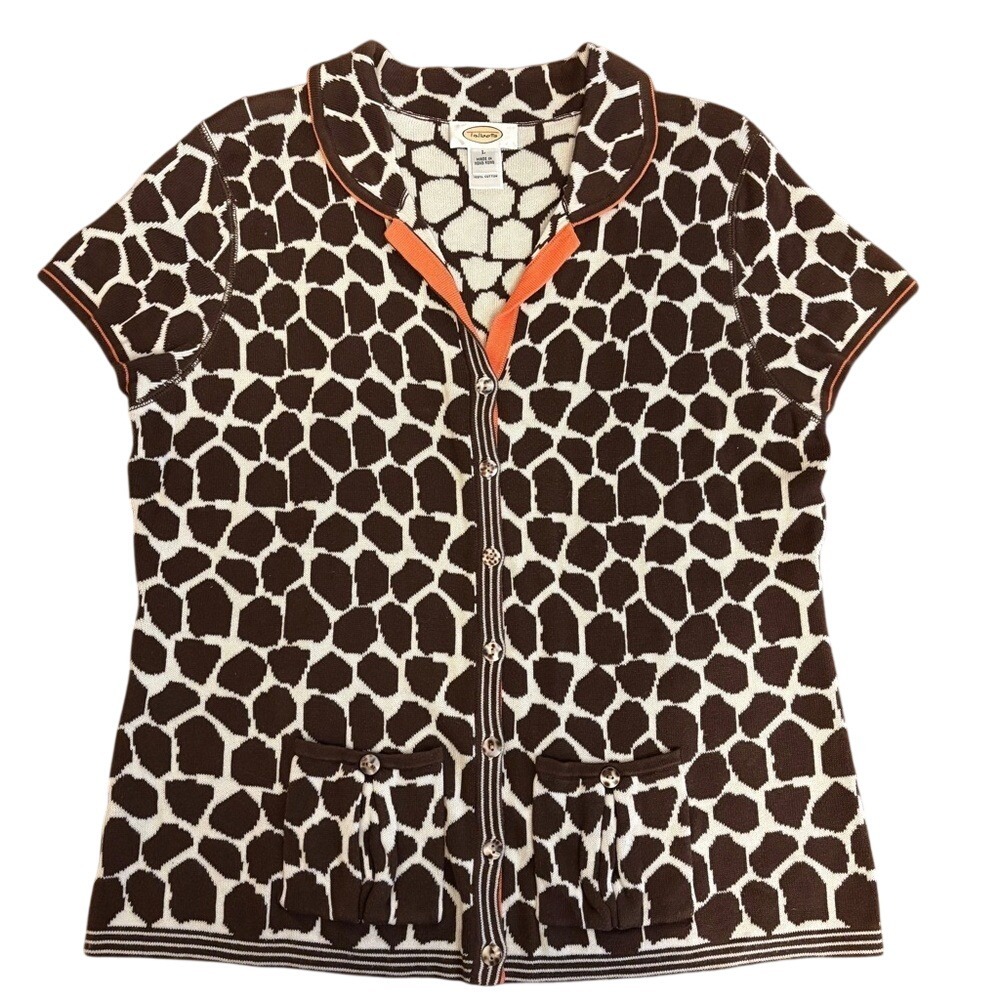Talbots Cardigan Sweater Womens‎ Brown Giraffe Print Pockets Short Cap Sleeve
